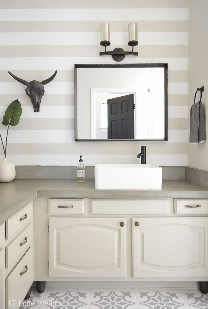 Builder Grade Bathroom Remodel with Painted Horizontal Stripes