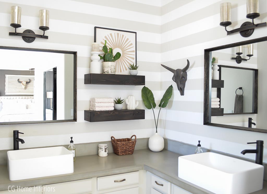 Builder grade master bath vanity update with concrete countertops